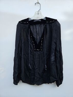 Zara Black Peasant Blouse W Stud Detail Sz S
